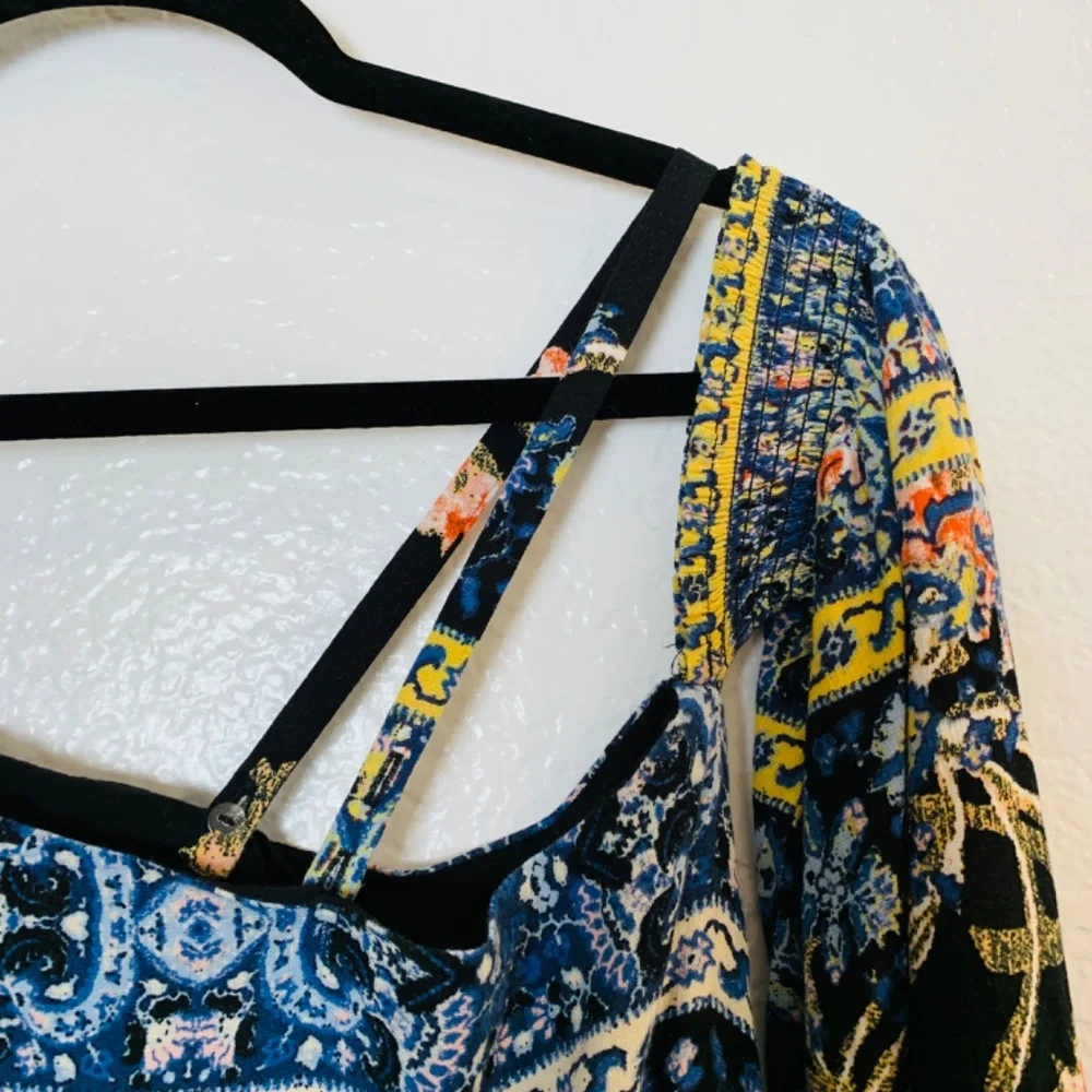 Free People Modern Nomad Mini Dress Large One Shoulder Boho Floral Long Sleeve